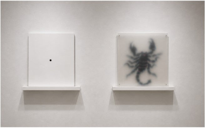 Ay Akrep / Scorpio Moon, 2026 Tuval üzerine yağlıboya ve akrilik boya, buzlu pleksi Oil on canvas, frosted acrylic, acrylic paint 55x 50 cm (2 adet 2 pieces)