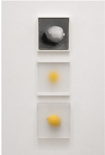 Ekşi Eşik / Sour Threshould, 2022 Tuval üzerine yağlıboya, akrilik boya, buzlu pleksi ve limon Oil on canvas, frosted acrylic, acrylic paint, lemon 29 × 29 × 6 cm (3 adet 3 pieces)